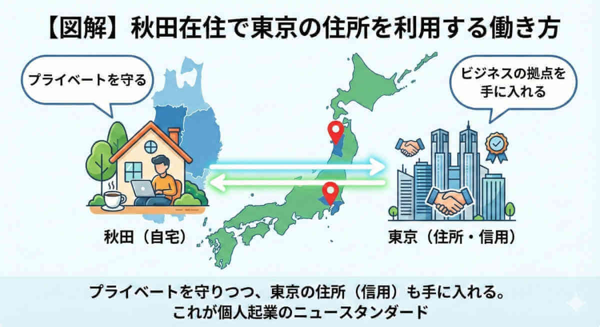 秋田在住で東京の住所（バーチャルオフィス）を利用する働き方。自宅でプライベートを守りながら、東京のビジネス拠点と信用を手に入れる仕組み