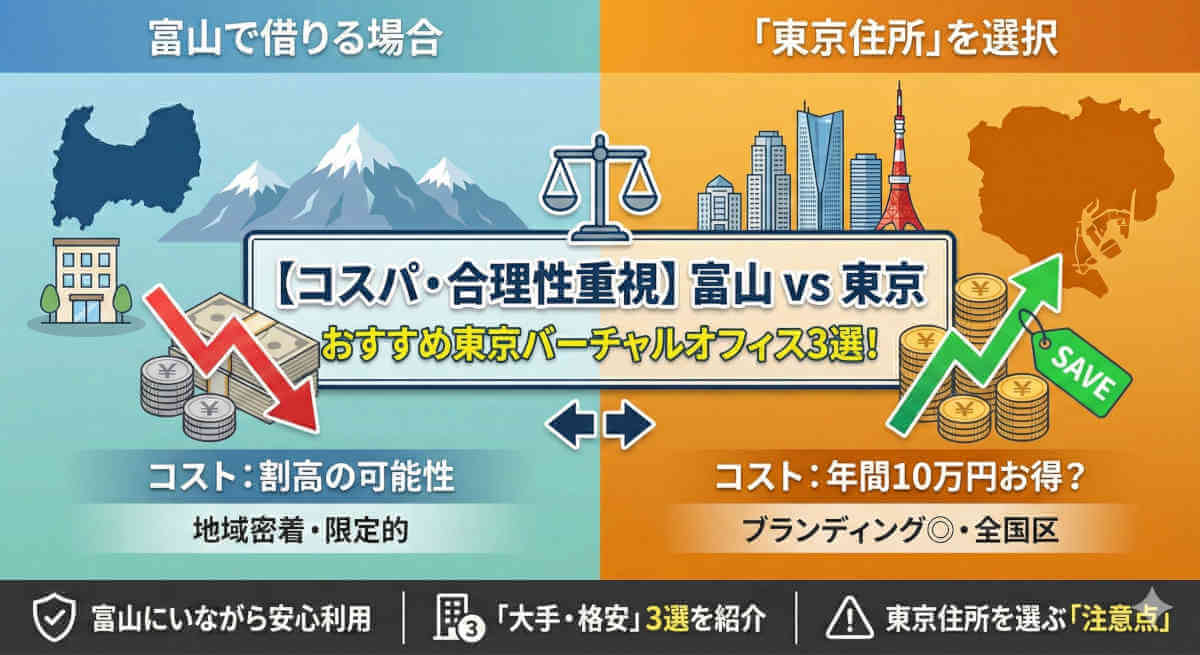 【コスパ・合理性重視】富山vs東京 おすすめ東京バーチャルオフィス3選！ 富山で借りる場合のコスト高と、東京住所を選択した場合の年間10万円お得な可能性、ブランディング効果を比較したインフォグラフィック