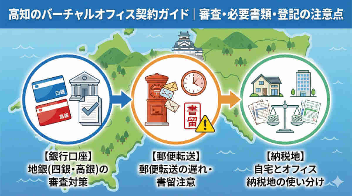 高知のバーチャルオフィス契約ガイド。審査、必要書類、登記の注意点に関するインフォグラフィック画像。高知県の地図を背景に、「【銀行口座】地銀(四銀・高銀)の審査対策」、「【郵便転送】郵便転送の遅れ・書留注意」、「【納税地】自宅とオフィス納税地の使い分け」の3つのポイントがイラストとテキストで分かりやすく解説されている。