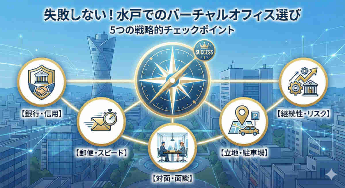 水戸でのバーチャルオフィス選びにおける5つの戦略的チェックポイント（銀行信用・郵便・対面・立地・継続性）をまとめた解説画像
