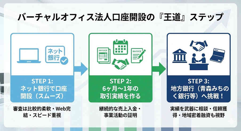 バーチャルオフィスの法人口座開設の王道ステップ