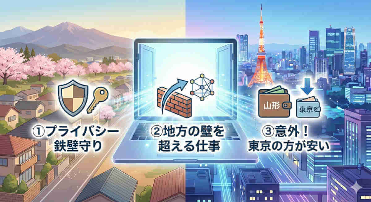 山形在住者が東京のバーチャルオフィスを選ぶ3つの理由【図解】①プライバシー鉄壁守り（ご近所の目対策）、②地方の壁を超える仕事（物理的距離の解消）、③意外！東京の方が安い（山形とのコスト比較）