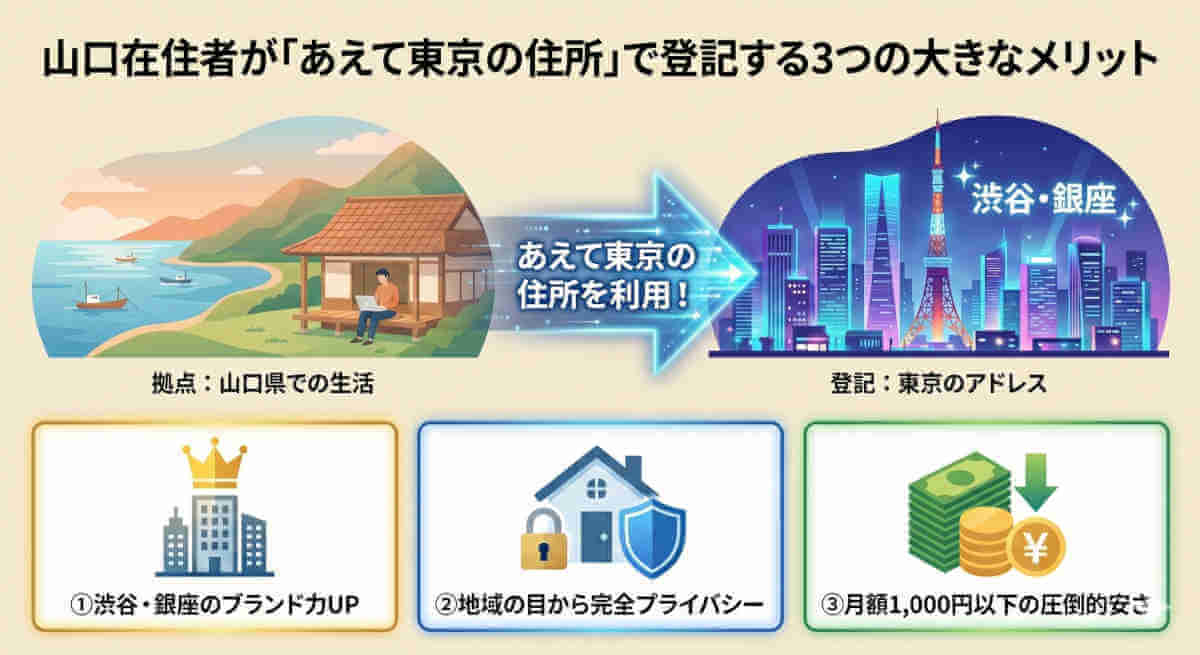 山口在住者が東京の住所で登記するメリットを図解したアイキャッチ画像。左側の「拠点：山口県での生活」のイラストから、中央の「あえて東京の住所を利用！」という矢印を経て、右側の「登記：東京のアドレス（渋谷・銀座）」のイラストへと繋がっている。下部には3つのメリットとして、①「渋谷・銀座のブランド力UP」（王冠とビルのアイコン）、②「地域の目から完全プライバシー」（鍵と盾で守られた家のアイコン）、③「月額1,000円以下の圧倒的安さ」（下矢印と円マークが付いたお金の山のアイコン）がそれぞれ記載されている。