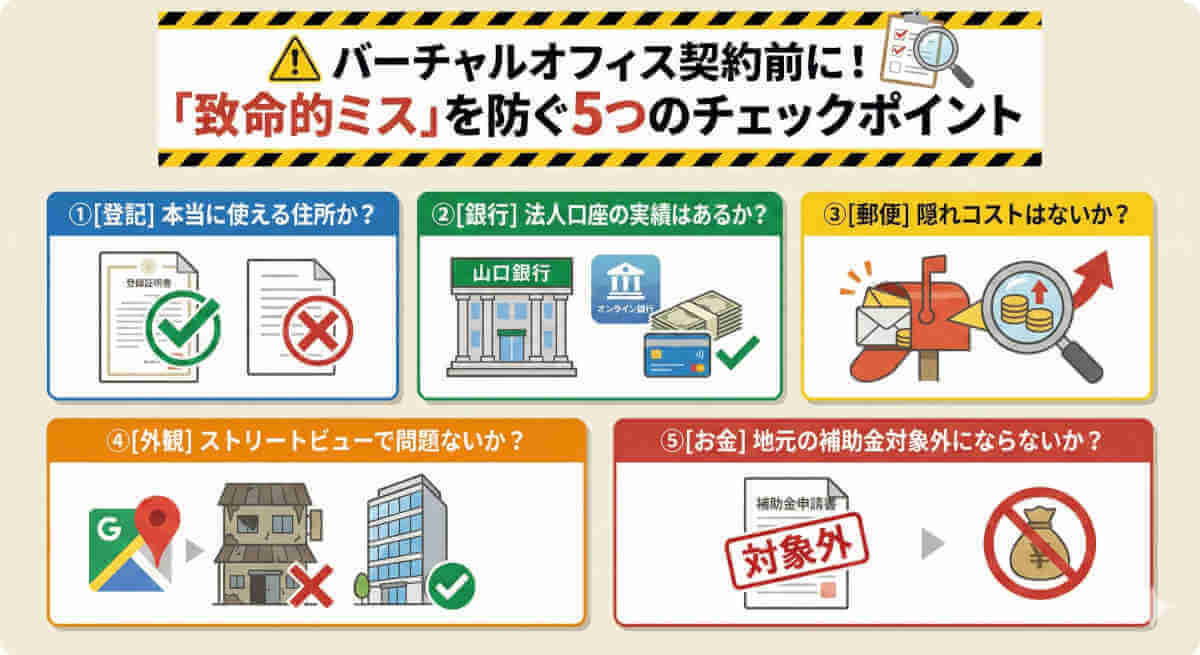 バーチャルオフィス契約前の「致命的ミス」を防ぐ5つのチェックポイントを解説したインフォグラフィック。①登記可能な住所か、②山口銀行などの法人口座開設実績、③郵便転送の隠れコスト、④ストリートビューでの外観確認、⑤地元の補助金対象外にならないか、という5つの注意点がアイコンと共にまとめられたアイキャッチ画像。