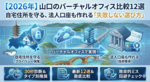【2026年最新】山口県のバーチャルオフィス比較12選のアイキャッチ画像。背景には瑠璃光寺五重塔、錦帯橋、角島大橋、フグといった山口県の名所が描かれている。左側の「自宅住所を守る」と右側の「法人口座も作れる」というメリットが、中央のバーチャルオフィスを通じて実現する様子をイラストで表現。下部には「30秒診断」「最新12選比較」「致命的ミス回避チェック」のアイコンが並んでいる。